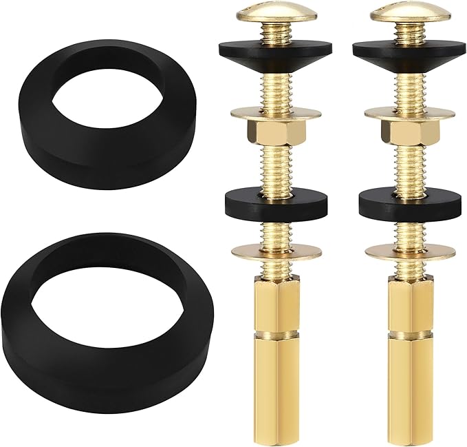 Universal Toilet Tank to Bowl Bolt & Gasket Replacement Kit Tank Repair Kit Includes 2" & 3" Rubber Seal Gaskets, Extra-Long Brass Plated Bolts, Washers, Nuts, Fits Most 2-Piece Toilets