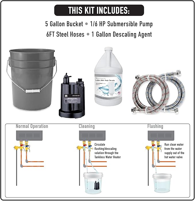 Tankless Water Heater Flush Kit with Gallon Liquid Descaling Solution and 1/6HP Extra Strength Pump