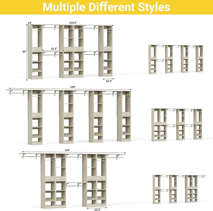 Unikito 10-15FT Closet Systems, Large Wood Walk in Closet Organizer with Hanging Rods and Drawers, 180 Inch Heavy Duty Closets Wardrobe with Shoe Rack, Sturdy Reversible Clothes Closet Kit, White Oak