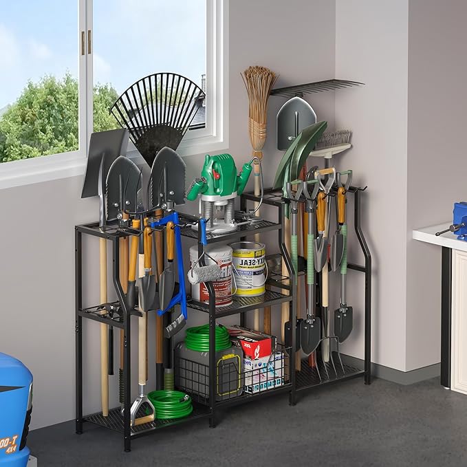 keomaisyto Garden Tool Organizer, Heavy Duty Yard Tool Tower Rack for Garage Organization and Storage, 3 Tier Utility Garden Tool Rack with hooks for Garden/Shed/Garage/Yard/Basement/Lawn