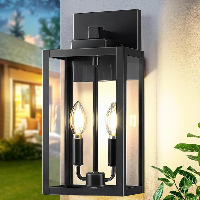 15.5" Black Outdoor Wall Lantern 2-Light, Outdoor Light Fixtures Modern Wall Sconces, Industrial Porch Light Large Outside Lights for House with E12 Sockets, Exterior Lamp Lighting, 1 Pack