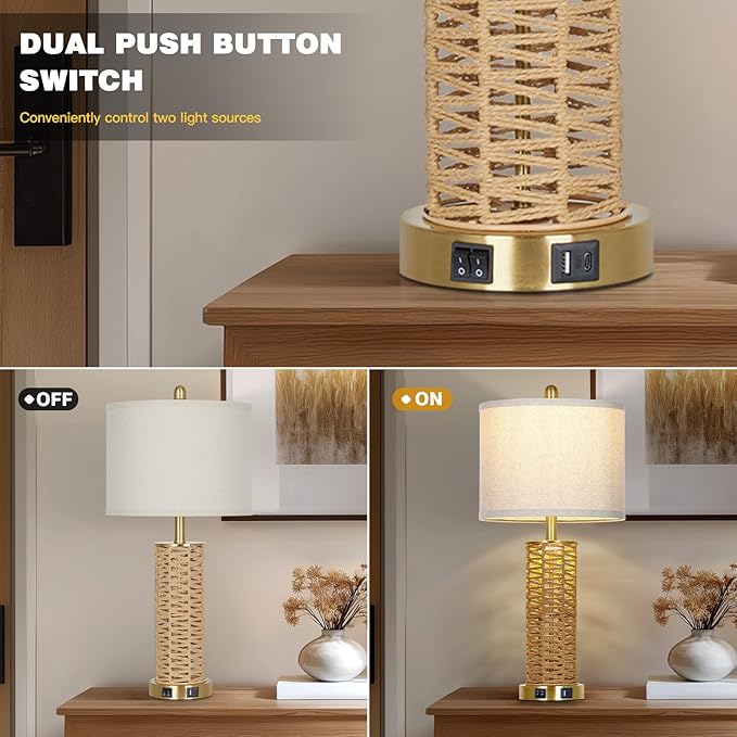 27" Natural Rattan Table Lamps Set of 2, Boho Bedside Lamp for Bedroom with Night Light, Woven Wicker Nightstand Lamps with 2 USB Ports & AC Outlet, Tall Farmhouse Living Room Lamp, Gold