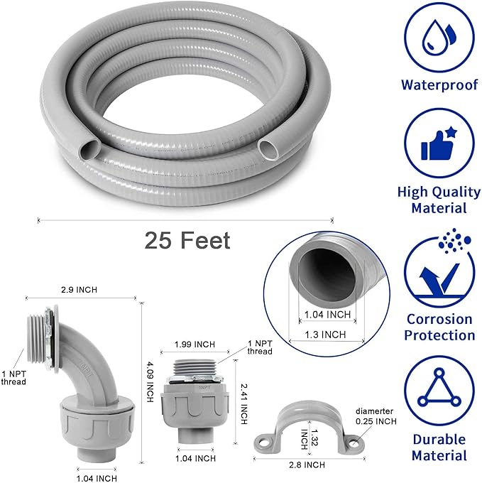 (1 inch Dia * 25 Feet) Yariwiz Flexible Electrical Conduit Liquid Tight PVC Conduit Kit with 3 PCS Coupling, 3 PCS Elbow and 7 PCS Strap, Sealtight Seal Flex Liquidtight Wire Outdoor Non Metallic Grey