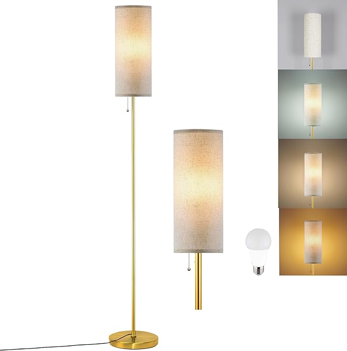 Modern Floor Lamp for Living Room, Gold Standing Lamps with 3 Color Temperatures Bulb, Minimalist Tall Lamp with Chain Switch for Bedroom, LED Bulb Included(Beige Shade+Gold)