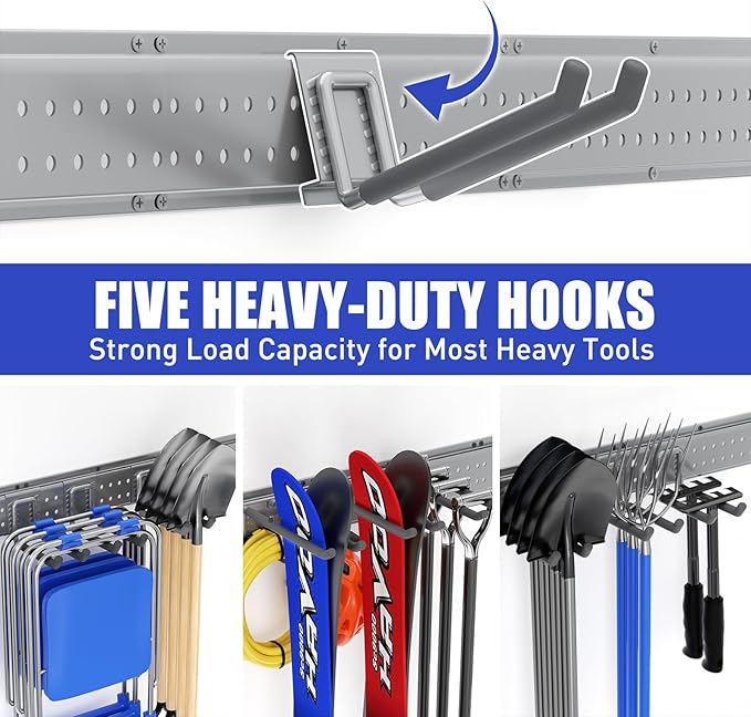 Garage Tool Organizer Wall Mount 96 inches with 18 Adjustable Heavy-Duty Hooks, Garage Organization, Garden Tool Storage Rack, Yard, and Shed, Holds Up to 750 lbs (Grey)