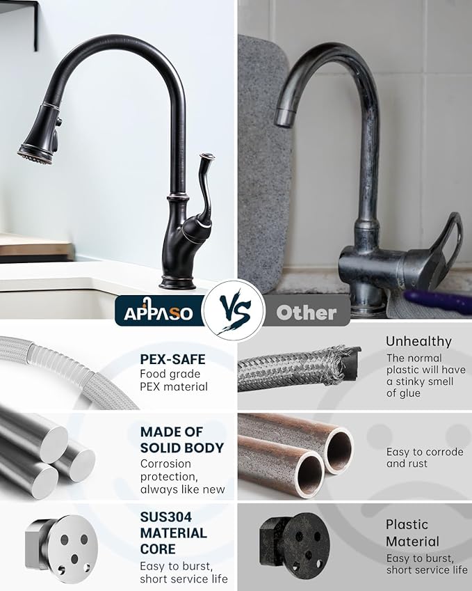 APPASO Oil Rubbed Bronze Kitchen Faucet with Soap Dispenser, Stainless Steel Kitchen Faucet with Pull Down Sprayer 3-Function High Arc Single Handle Bronze Kitchen Sink Faucet