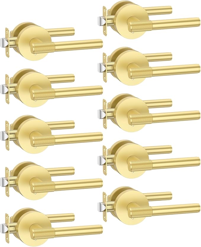 Amerdeco 10 Pack Brushed Gold Door Handles Interior, Knurled Privacy Door Handles with Lock,Gold Door Lever for Bedroom or Bathroom,Reversible Keyless for Left Right Handed Doors AM0027