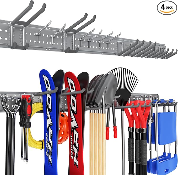 Garage Tool Organizer Wall Mount 64 inches with 13 Adjustable Heavy-Duty Hooks, Garage Organization, Garden Tool Storage Rack, Yard, and Shed, Holds Up to 520 lbs (Grey)