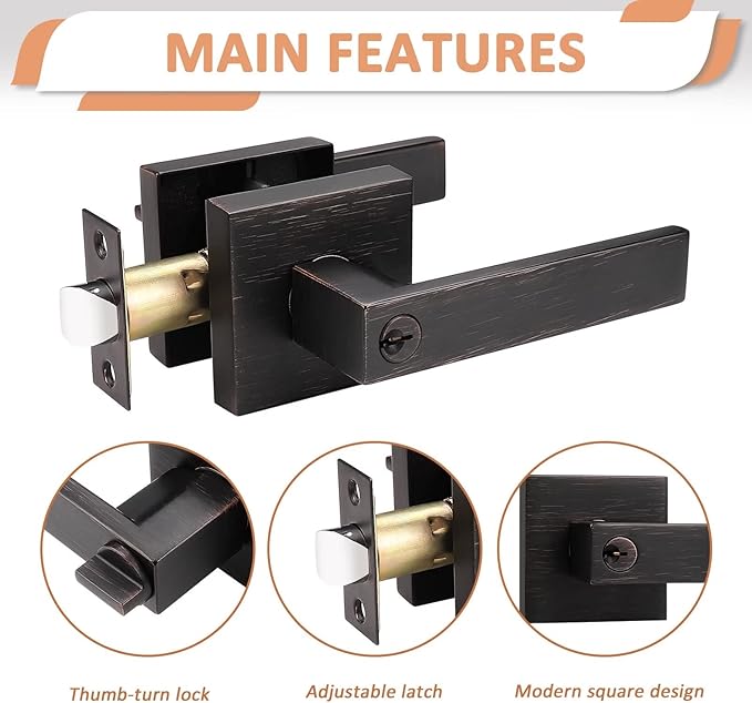 Probrico 3 Pack Oil Rubbed Bronze Entry Door Lever with Lock, One Keyway Entrance Door Locksets for Front Door (Three Same Keys), Exterior Square Door Lock Interior Bedroom Entrance Door Knob