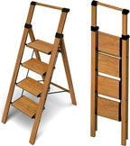 Taranta 4 Step Ladder, Portable Folding Ladder with Wide Pedal, Lightweight Aluminum Step Stool with Convenient Handgrip, 330 lbs Capacity Stepladder for Home, Office - Woodgrain