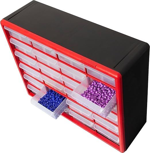 Akro-Mils 24-Drawer Plastic Drawer Storage Cabinet for Garage Organization, Bead Organizer, Building Bricks Storage, Teacher Toolbox, Makeup Organizer, 20" W x 6" D x 16" H, 10124 Red
