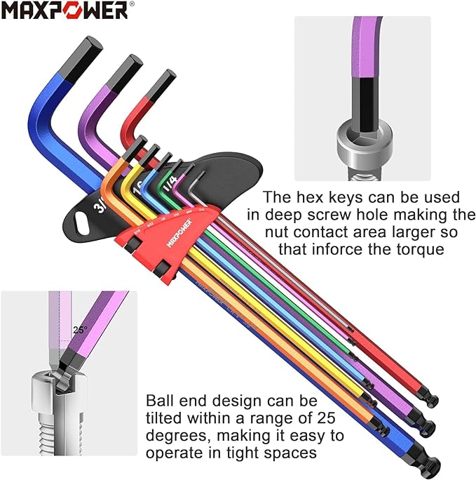 MAXPOWER Allen Wrenches Sets, 27-Piece Allen Key Wrench Set Includes SAE (1/6-3/8"), Metric (1.5-10mm), Torx (T10-T50), Extra Long Arm Ball & Torx End Hex Key Set with T-Handle