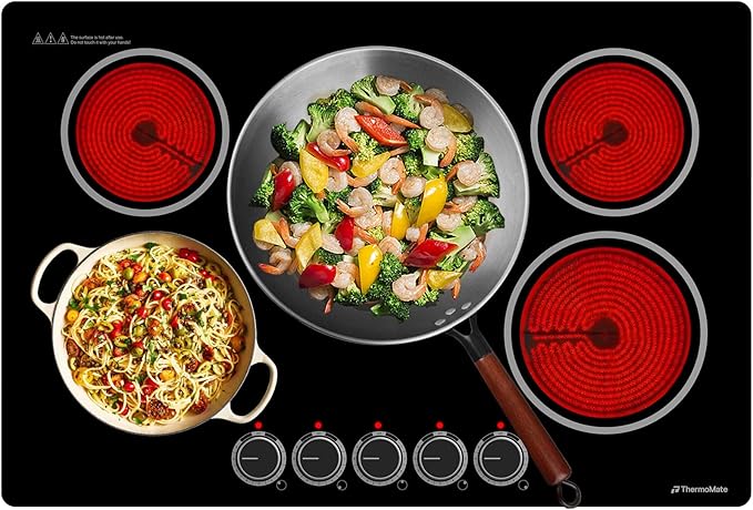 ThermoMate 30 Inch Electric Cooktop, 5 Burners Knob Control Built-in Ceramic Cooktop, 30" Radiant Electric Stove Top of 9000W with 9 Heat Levels, Hot Surface Indicator, 220-240v, Hard Wired