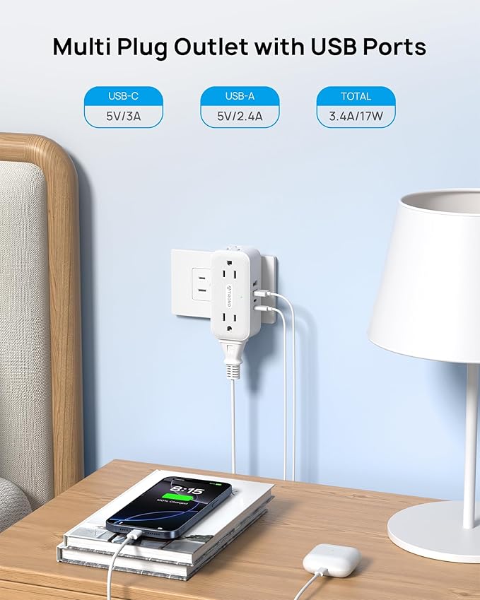 TROND Outlet Extender with 360 Rotating Plug, Plug Adapter with 4 Electrical Sockets and 4 USB Ports, 900 Joules Surge Protection, 3 Way Outlet Splitter for Home Office Travel, White