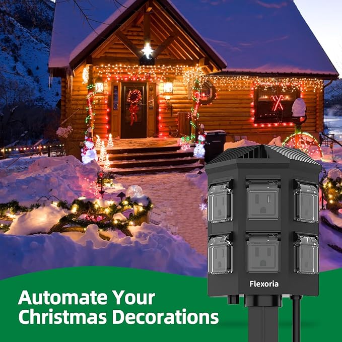 Outdoor Power Strip Timer Waterproof, Dusk to Dawn Light Sensor Countdown, 50 Feet Extension Cord, 6 Grounded Outlets for Halloween and Christmas Decorations, ETL Listed