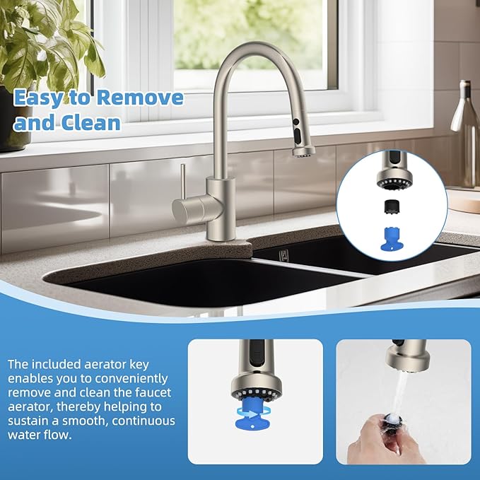 Hibbent Stainless Steels Pull Down Kitchen Faucet Head Replacement, 3 Function Sink Faucet Sprayer Head with 15 Adapters, Compatible with Moen, American Standard, Delta, Kohler Faucets, Brushed Nickel