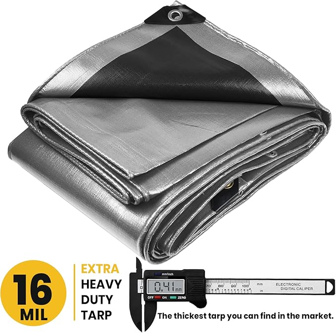 PROTARP Extra Heavy Duty 16 Mil Tarp Cover, Waterproof, UV Resistant, Rip and Tear Proof, Poly Tarpaulin with Reinforced Edges for Roof, Camping, Patio, Pool, Boat. (Silver/Black 18′ X 24′)