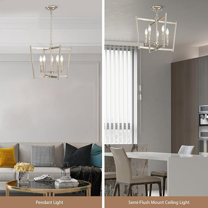 20" Brushed Nickel Geometric Ceiling Light and Pendant Dual-Use Light, 5-Light Dining Room Light Fixture Over Table Modern Farmhouse Chandeliers for Kitchen Island Living Room Entryway Light