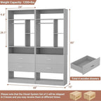 4FT Closet System with 4 Wood Drawers, 48" Closet Organizer System with 10+ Small Shelves & 2 Hanging Rods, Walk-in/Nursery Closet Systems, Set of 2, Grey (48" L x 15" W x 80" H)
