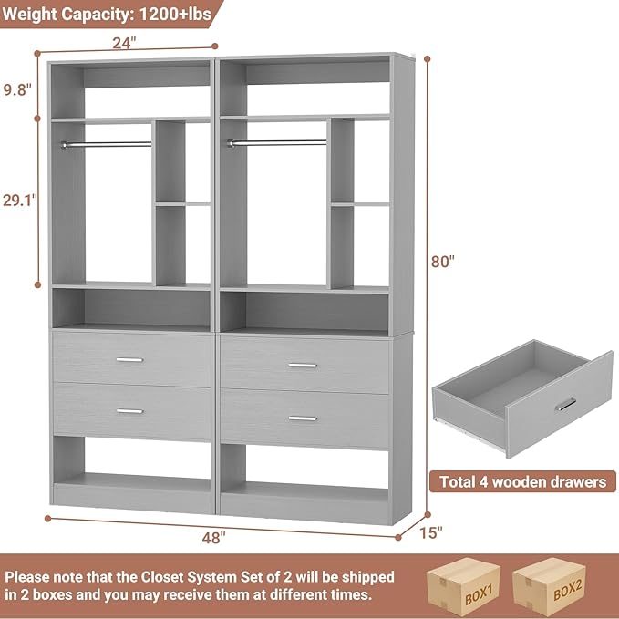4FT Closet System with 4 Wood Drawers, 48" Closet Organizer System with 10+ Small Shelves & 2 Hanging Rods, Walk-in/Nursery Closet Systems, Set of 2, Grey (48" L x 15" W x 80" H)