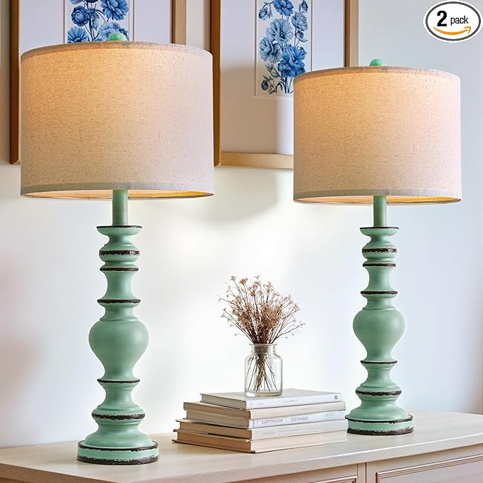 BOBOMOMO 27" Distressed Teal Table Lamps Set of 2, Large Coastal Farmhouse Resin Lamps with Linen Shades, Blue Green Lamps for Living Room, Bedroom, or Console Table Home Décor