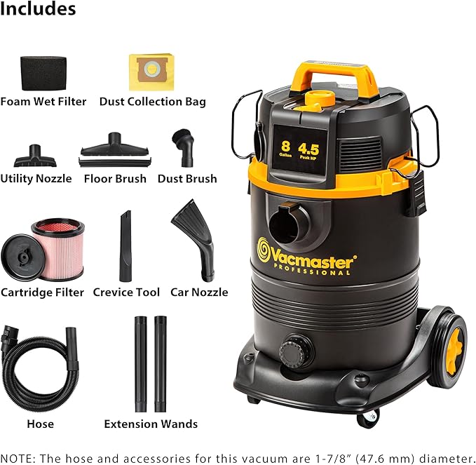 Vacmaster Professional VDK811PW 0201 8 Gallon 4.5 Peak HP Wet/Dry Vac with Self-Cleaning Filter System, 8 Gal, Black