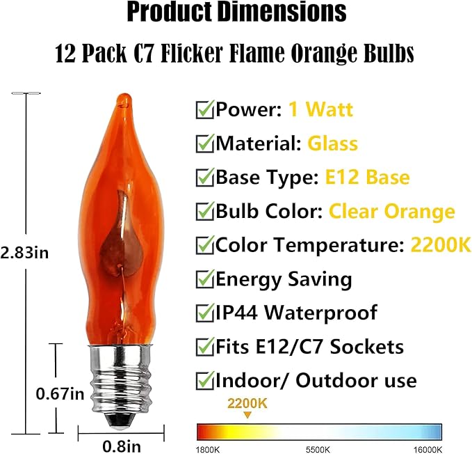 Halloween Flicker Flame Light Bulbs, 12 Pack C7 Orange Flickering Light Bulb, 1W E12 Flame Candelabra Bulbs for Candle Chandelier Outdoor String Lights Party Halloween Christmas Decoration