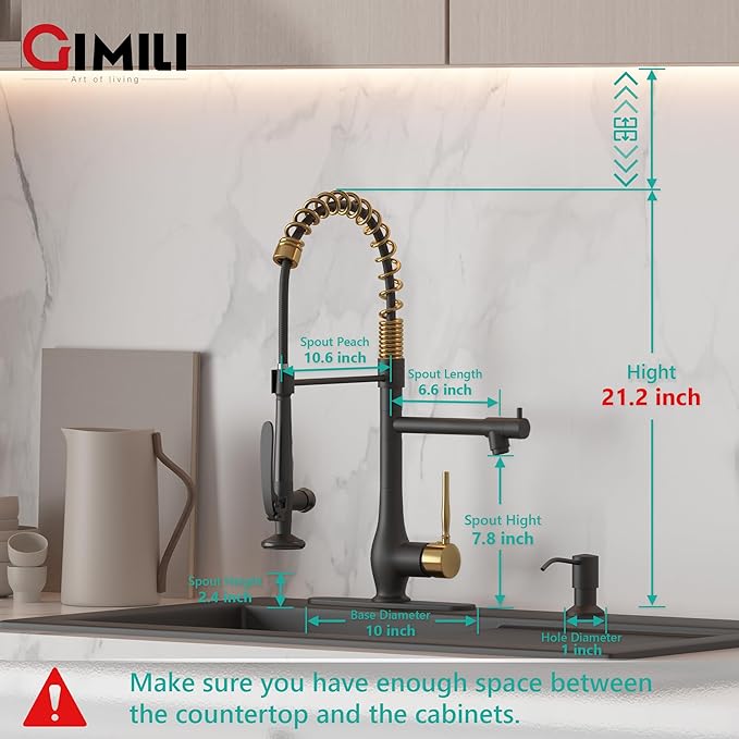 GIMILI Commercial Kitchen Faucet with Pull Down Sprayer, Double Headed Single Handle High Pressure Kitchen with Soap Dispenser Matte Black&Gold