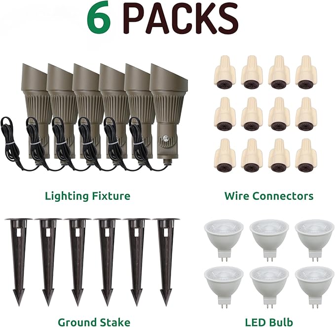 Lumina Lighting® 4W Landscape lighting 12V Landscape Lights Low Voltage Landscape Spotlights Warm White Waterproof Outdoor Replaceable LED Bulb for Garden, Lawn, Porch, Patio and Yard (Bronze, 6-Pack)