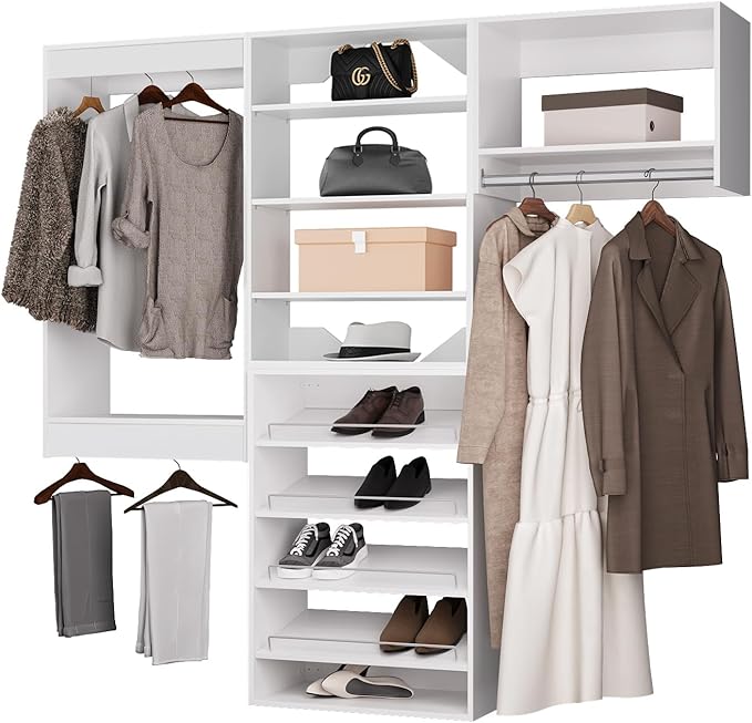 ROOMTEC Modular Closet System, 102" Wall Mounted Modern Closet Organizer with Hanging Rods and Shoe Shelf, Wooden Tower for Walk-In Closets, Wardrobe Storage Kit, White