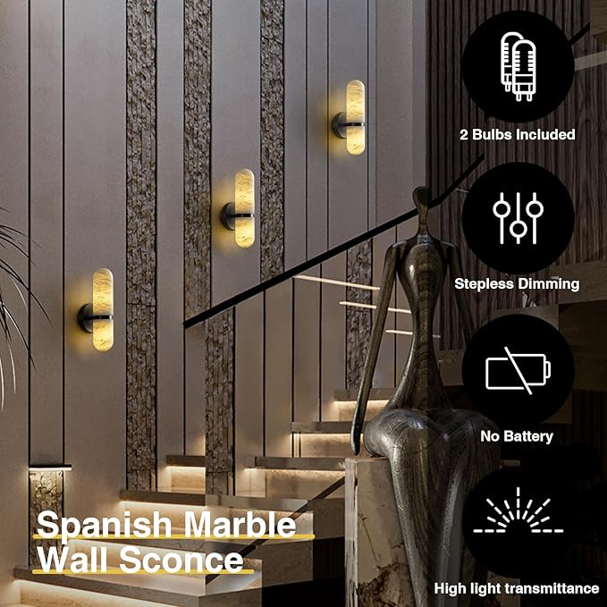 Alabaster Wall Sconces, 13in Black Alabaster Sconce, Modern Spanish Natural Marble Sconces Lights, Sconces for Bathroom Vanity Bedroom Living Room Staircases Hallway
