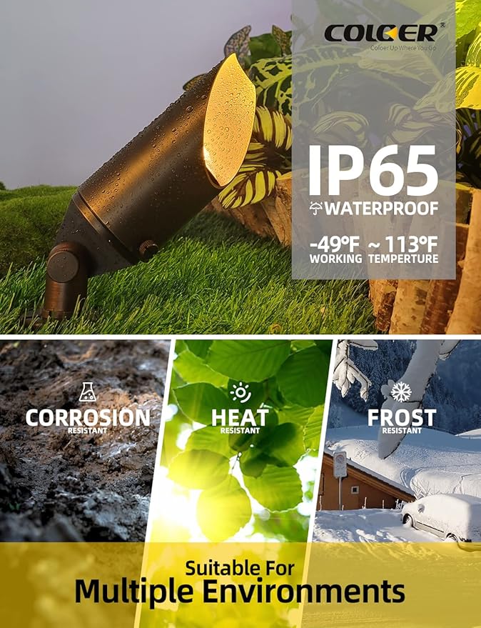 COLOER Brass Landscape Spotlights, 6 Pack Spotlight Fixture Outdoor with 5W Aluminum Housing MR16 LED Bulb 2700K 450LM,12V AC/DC Low Voltage Landscape Lighting,Uplight for Garden and Patio(103B)