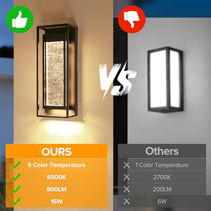 LUTEC Outdoor Wall Light Fixtures, 5 Color Temperature Porch Light Wall Sconce with Crystal Bubble Glass,Waterproof Outdoor Wall Lanterns, Modern Outside Lights for House Front Door Garage, Black