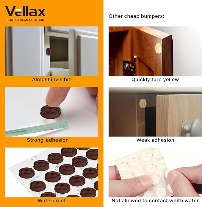 128 Self Adhesive Cabinet Door Bumpers – Sticky Brown Silicone Rubber Pads for Furniture Drawers, Kitchen Cabinets, Decor, Wall Protection – Vellax