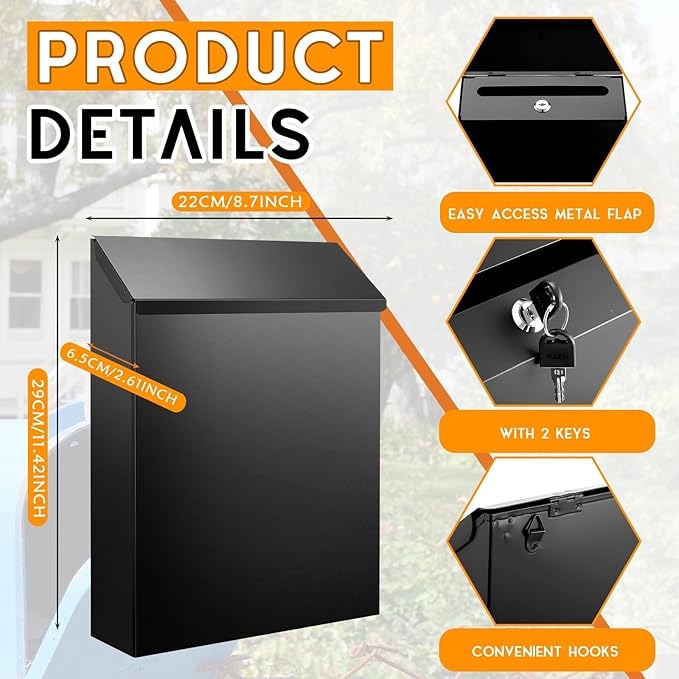 Tandefio 1 Pcs Wall Mount Mailbox with Red Mailbox Flag Reflective Sticker Keys Outdoor Steel Rustproof Lock Post Boxes Outdoor, 11.4 x 8.7 x 2.6 Inches, Black