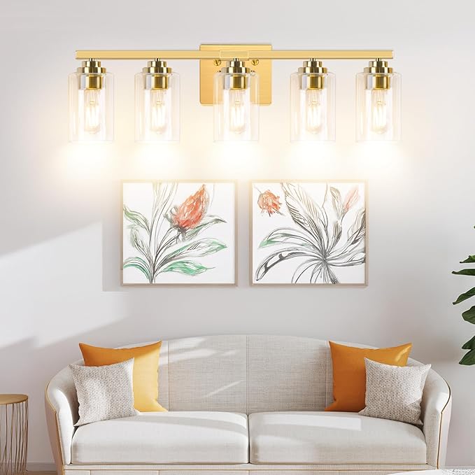 5-Light Gold Bathroom Light Fixtures, 31" Modern Vanity Lights Over Mirror with Clear Glass Shades,Brushed Gold Wall Light Fixture for Bathroom Mirror Bedroom Porch, Hardwired Wall Sconces