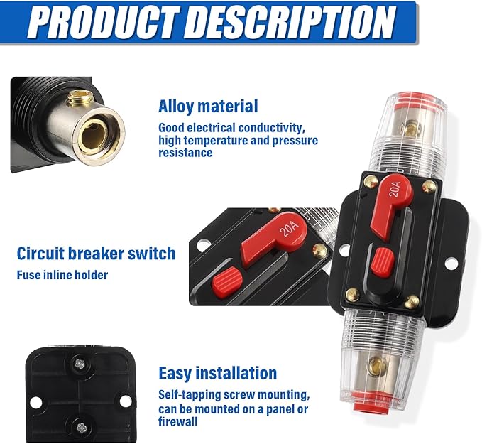 BOJACK 20A Audio Inline Circuit Breaker Reset Fuse Holder 12-24V DC Manual Reset Fuse Holder 3-15 AWG Overload Protection for Car Audio Sound Amplifier System RV Marine Boat Truck Solar Inverter