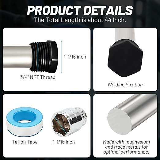 Magnesium Flexible Water Heater Anode Rod- Magnesium Anode Rod for Rheem, Reliance, Richmond, Kenmore, GE, 44 Inch Long, 0.8 Inch Diameter, 3/4 Npt Thread, 1-1/16 Inch Hex Socket Tool and Teflon Tape