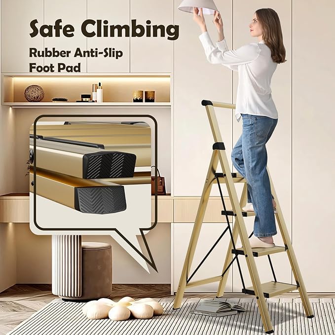 Taranta 4 Step Ladder, Portable Folding Ladder with Wide Pedal, Lightweight Aluminum Step Stool with Convenient Handgrip, 330 lbs Capacity Stepladder for Home, Office - Gold