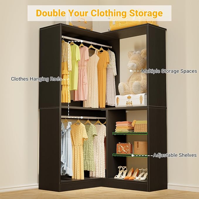 Unikito Corner Closet System, 36” Large Freestanding Closet Organizer Tower with 2 Hanging Rods and Storage Shelves, Sturdy Walk in Closet Kit for Bedroom and Entryway, 36" W x 36" D x 80" H, Black