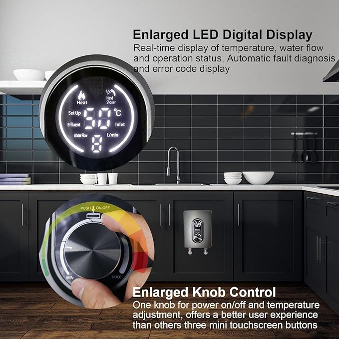 Mini Tankless Under Sink Instant Hot Water Heater Electric 3kW 120V Plug-in, Enlarged LED Digital Display, Knob Control, IPX4, Multiprotective, 30-55℃ Thermostatic On Demand Water Heater, Gray