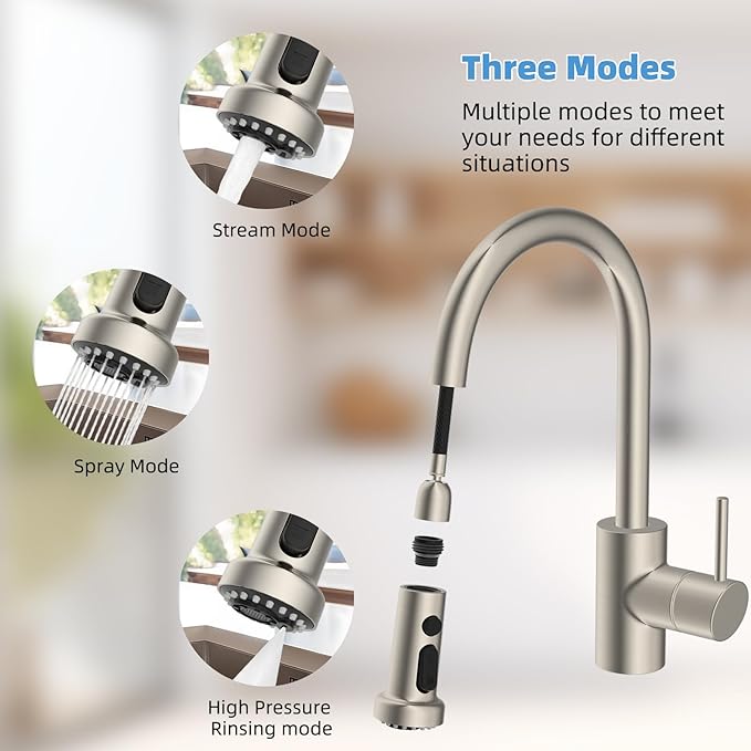 Hibbent Stainless Steels Pull Down Kitchen Faucet Head Replacement, 3 Function Sink Faucet Sprayer Head with 15 Adapters, Compatible with Moen, American Standard, Delta, Kohler Faucets, Brushed Nickel