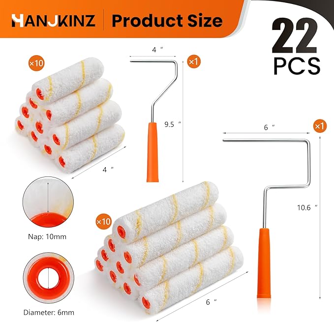 20 Pack Microfiber Paint Roller, 4 Inch and 6 Inch, Small Paint Roller Covers, 3/8-Inch Nap, Mini Paint Rollers for House Painting with Paint Roller Frame, Wall Painting Tool