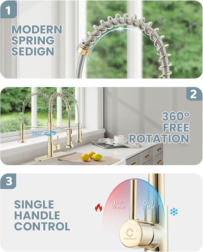 Gold Kitchen Faucet with Soap Dispenser, Pull Down Kitchen Faucet with Sprayer, Single Handle Kitchen Sink Faucet with Dual Function Spray Head, Camper Laundry RV Faucet,PVD