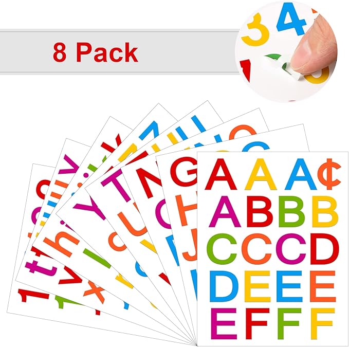 Outus 8 Sheets Vinyl Letter Stickers Self Adhesive Mailbox Numbers Alphabet Stickers Stick on Letters for Christmas Stockings Scrapbook Bulletin Board School Business(1 Inch,Rainbow)