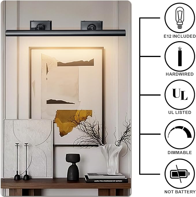 Picture Light, 30in Hardwired Picture Lights for Wall, Dimmable Poster Paintings Frames Light, Brass 4 Lighting Wall Sconces for Art Display Gallery Bathroom Living-Included Bulbs(Black)