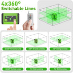Huepar Laser Level 360 Self Leveling, 16 Lines High Accuracy ±1/9" Green Laser Level with Remote Control, 4x360 Cross Line Tiling Floor Laser Tool, 4D for Construction 904DG