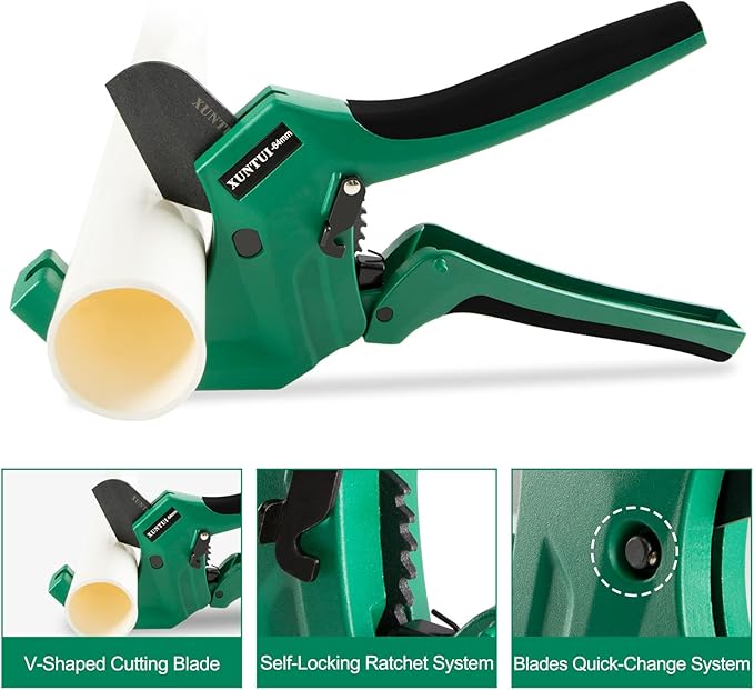 PVC Pipe Cutter for Sch 40 PVC Pipe with extra blade，Up to 2-1/2" Ratchet Pipe Cutter Pex Cutting Tool for Cutting PEX, PVC, PPR Plastic Hoses and Plumbing Pipe (Dark Green,inch64mm)