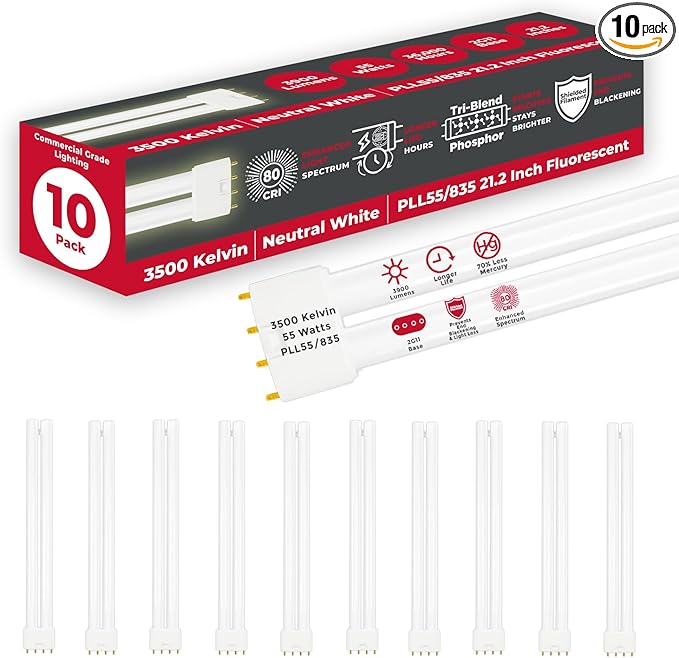 GoodBulb PLL55/835 55W 21.2" Twin Tube Compact Fluorescent Light Bulb 4-pin 2G11 Base 3500K Neutral White 3900 Lumen 36000 Hour Long Life Biax Pack of 10
