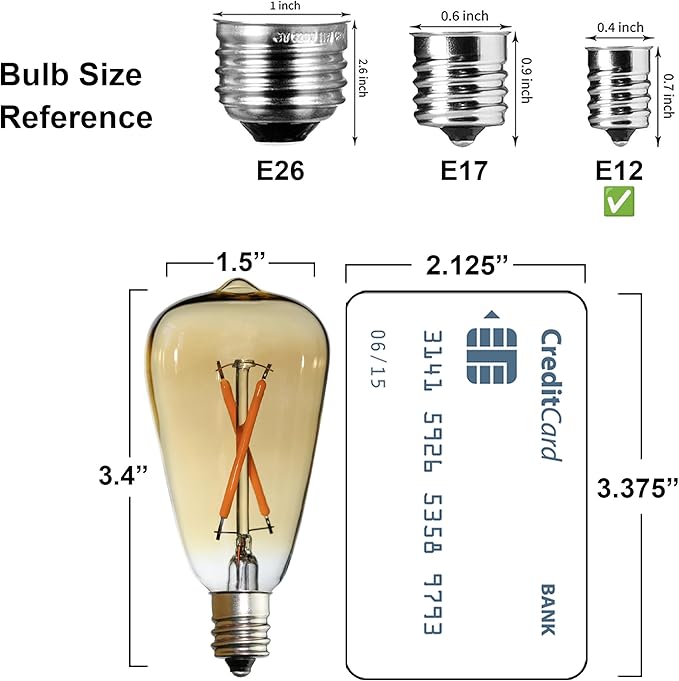 6pcs ST38 Edison Small Bulb 2W Equivalent to 10W-15W-20W E12 Base Warm Amber Glass LED Bulbs for Chandeliers Fans Candelabras Outdoor ST38 String Lights